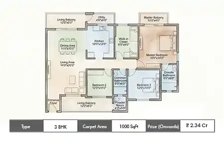 Atul Hillfront 3 BHK floor plan, 1000 sq ft carpet area